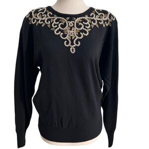 Vintage Liz Claiborne Lambswool + Acrylic Beaded Long Sleeve Black Sweater M